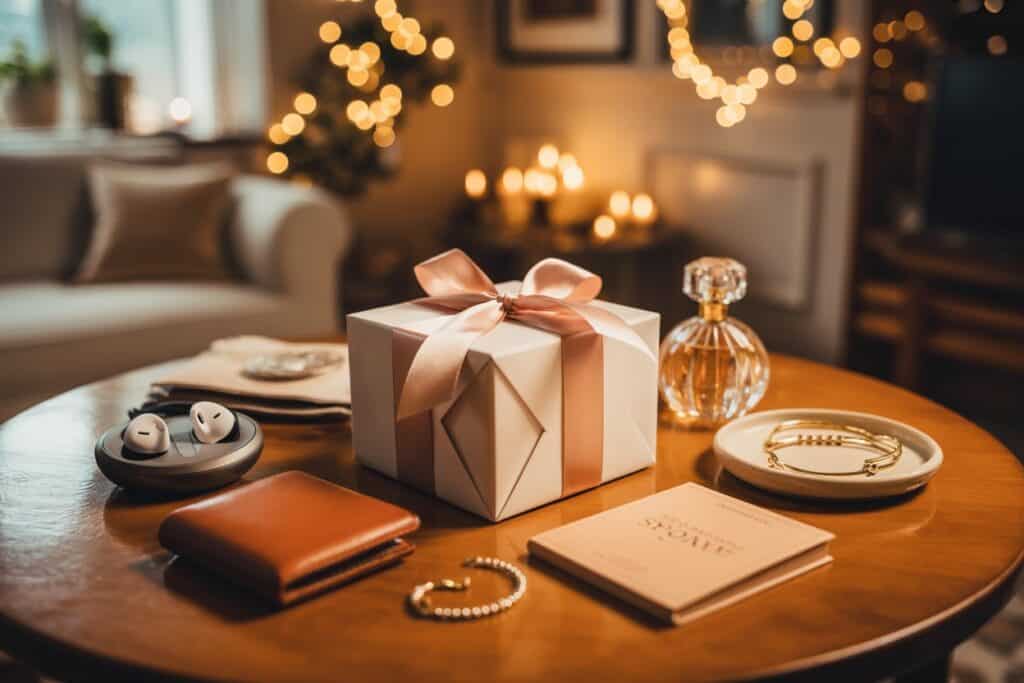 Ein runder Holztisch im Wohnzimmer auf dem Geschenke liegen. Ein schön eingepacktes Päckchen in der Mitte und ein paar weitere Geschenke im Kreis um das Päckchen herum.