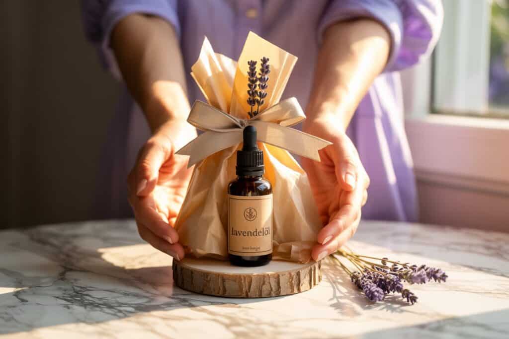 Selbstgemachtes Lavendelöl wird als DIY Geschenk in Händen überreicht, dekoriert mit Lavendelzweigen.