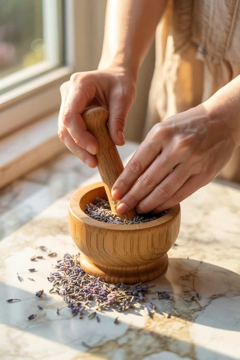 Getrockneter Lavendel wird im Mörser zerkleinert als Vorbereitung für Lavendelöl