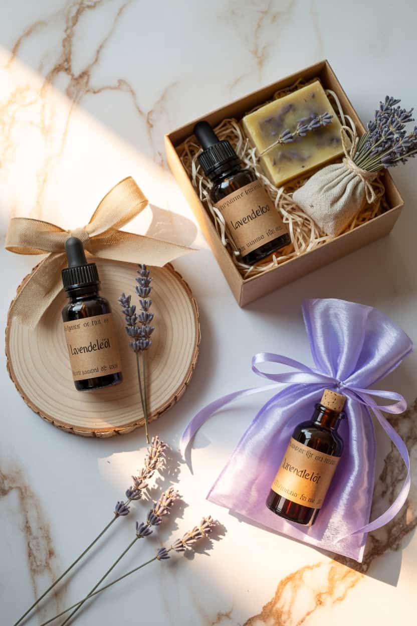 Selbstgemachtes Lavendelöl als Geschenk verpackt mit Seife und Lavendelzweigen
