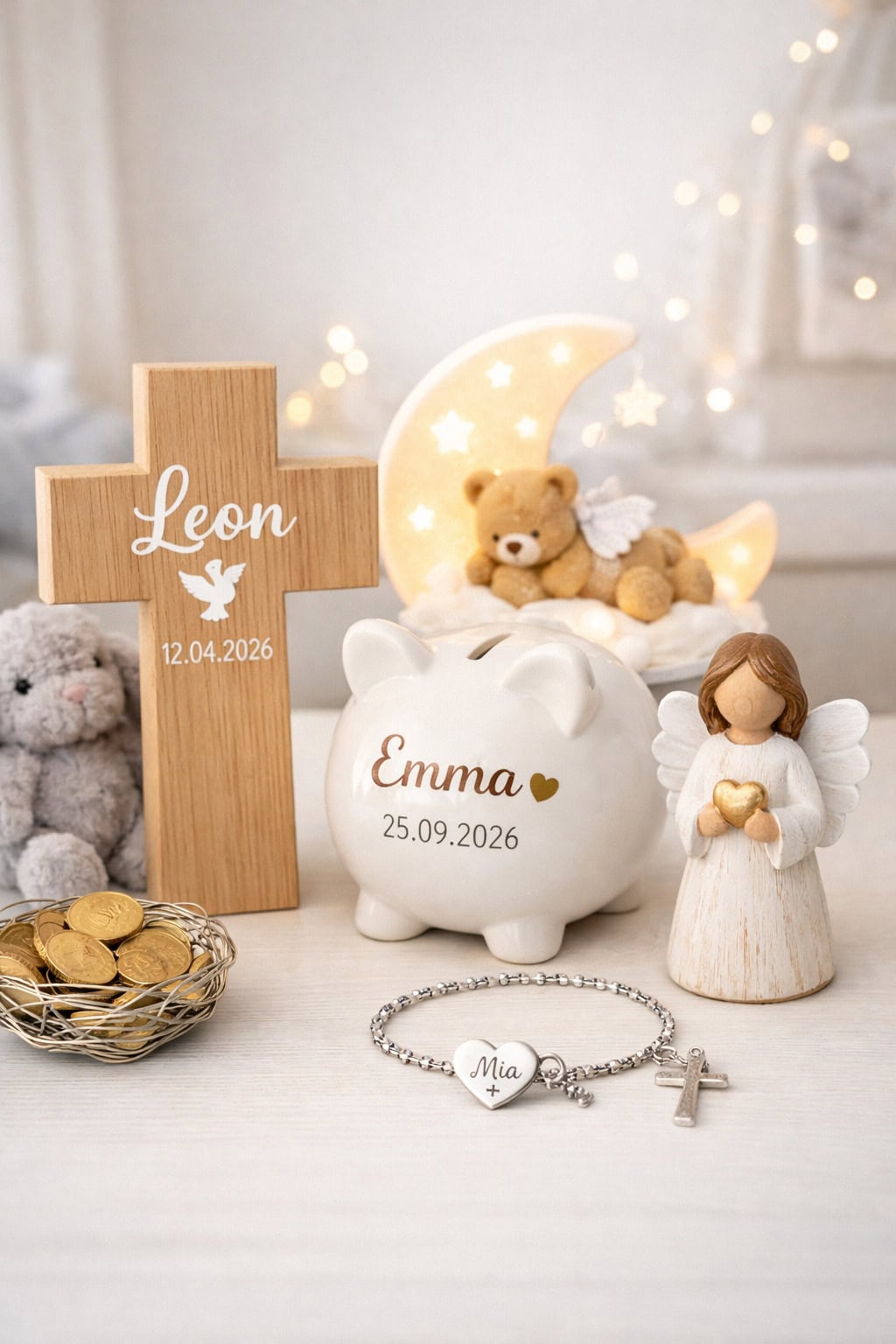Personalisierte Taufgeschenke mit Holzkreuz, Spardose, Armband, Engel und Goldmünzen auf hellem Hintergrund.