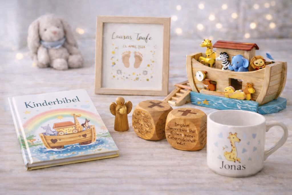 Verschiedene Taufgeschenke mit Kinderbibel, personalisierter Tasse, Holzspielzeug Arche Noah und Taufbild auf hellem Tisch.