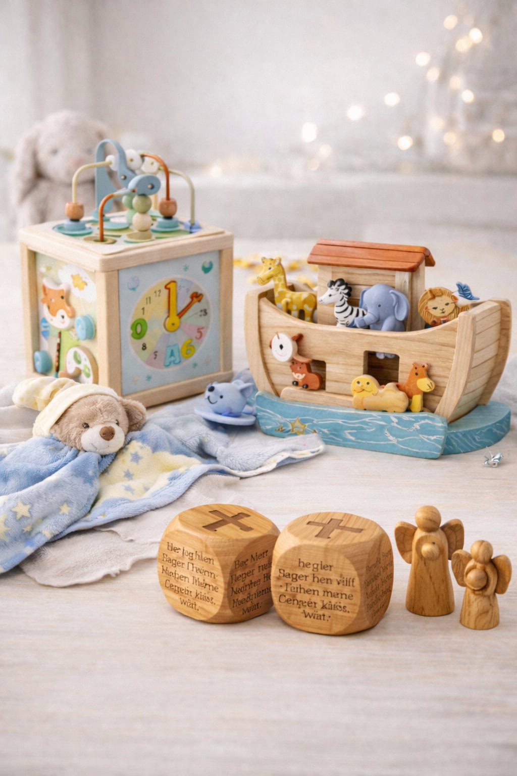 Holzspielzeug mit Arche Noah, Motorikwürfel, Schnuffeltuch, Engeln und Taufwürfeln als Geschenk zur Taufe.