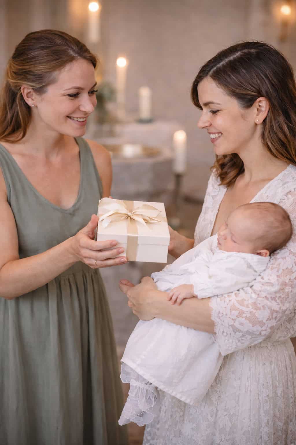 Frau überreicht einer Mutter mit Baby ein Geschenk bei einer Tauffeier in heller, festlicher Atmosphäre.