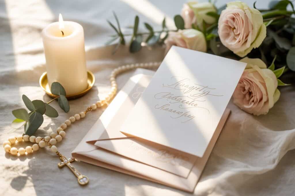 Taufkarte mit Kerze, Rosenkranz, weißen Rosen und elegantem Spruch auf hellem Stoff.