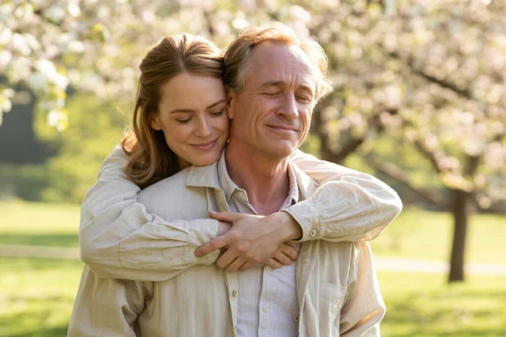 Erwachsene Tochter umarmt ihren Vater von hinten in einem blühenden Park am Vatertag.