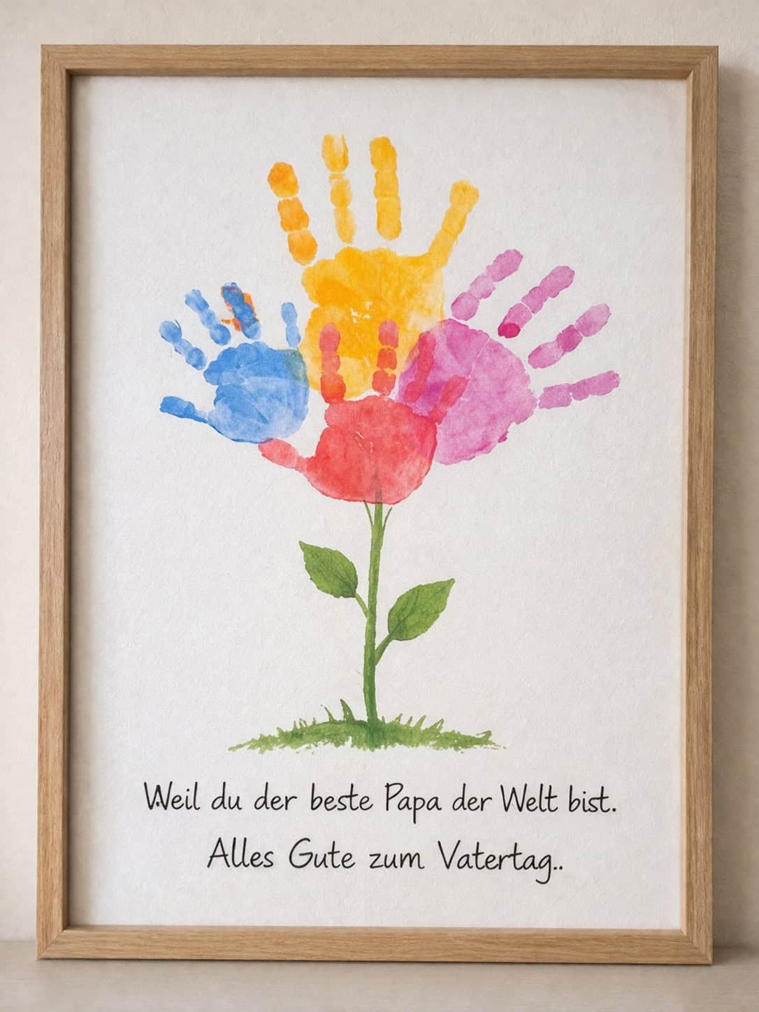 Gerahmtes Vatertagsbild mit bunter Blume aus Handabdrücken und liebevollem Spruch für Papa.