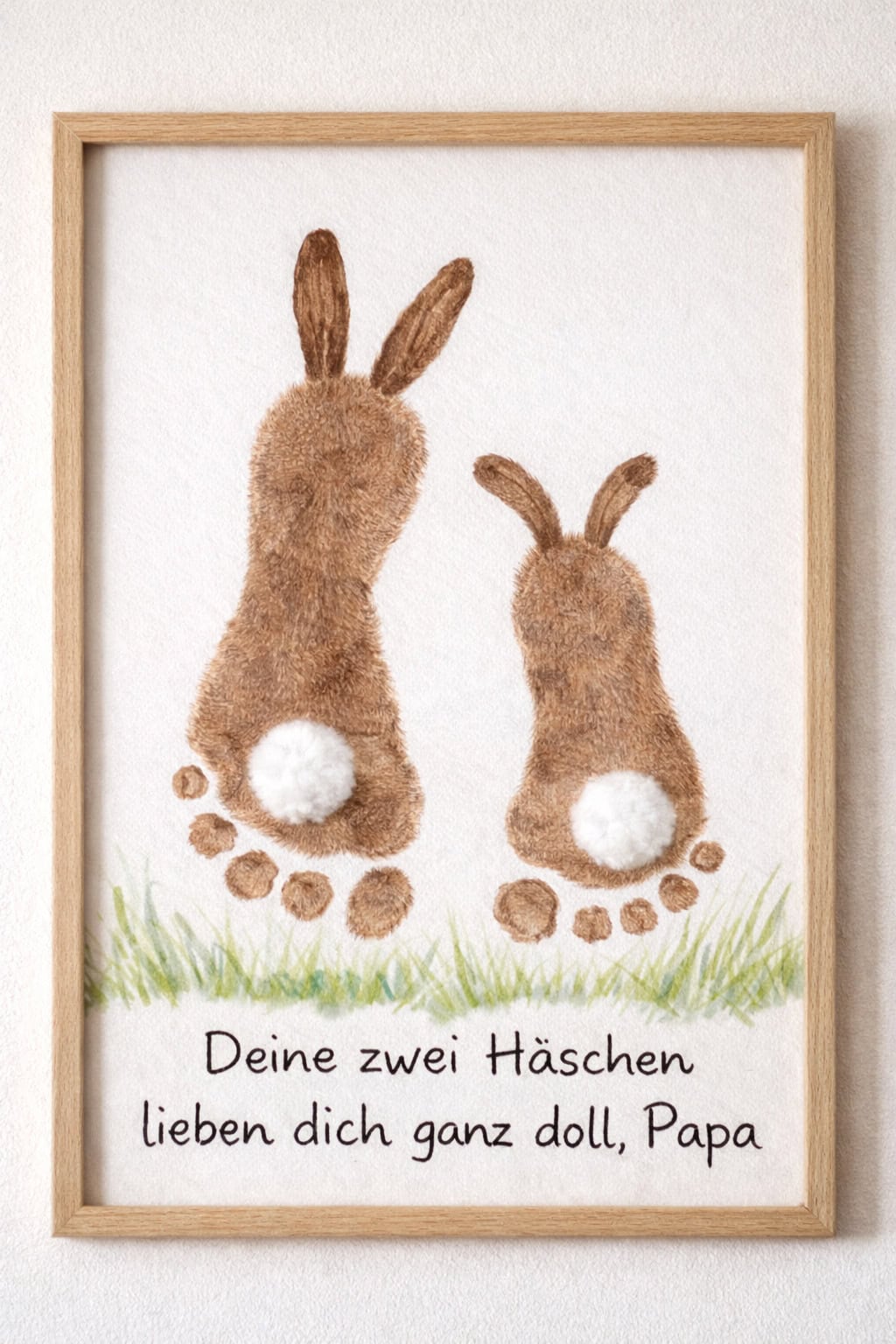 Gerahmtes Bild mit zwei Hasen aus Fußabdrücken und Spruch „Deine zwei Häschen lieben dich ganz doll, Papa“.