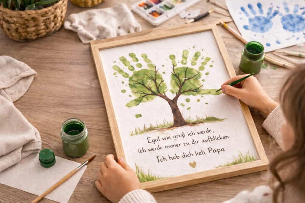 Kind malt ein gerahmtes Handabdruck-Bild mit Baummotiv als selbst gemachtes Vatertagsgeschenk auf einem Holztisch.