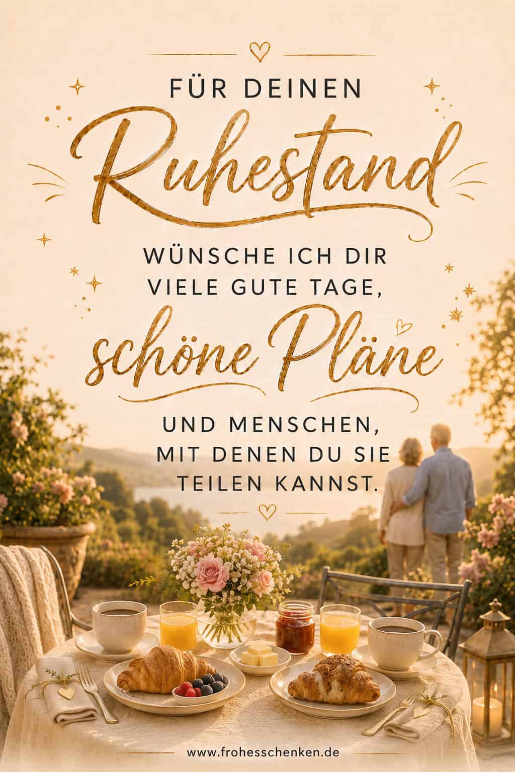 Ruhestand-Pin mit gedecktem Frühstückstisch für zwei, Blumen und älterem Paar im Garten bei Sonnenuntergang.