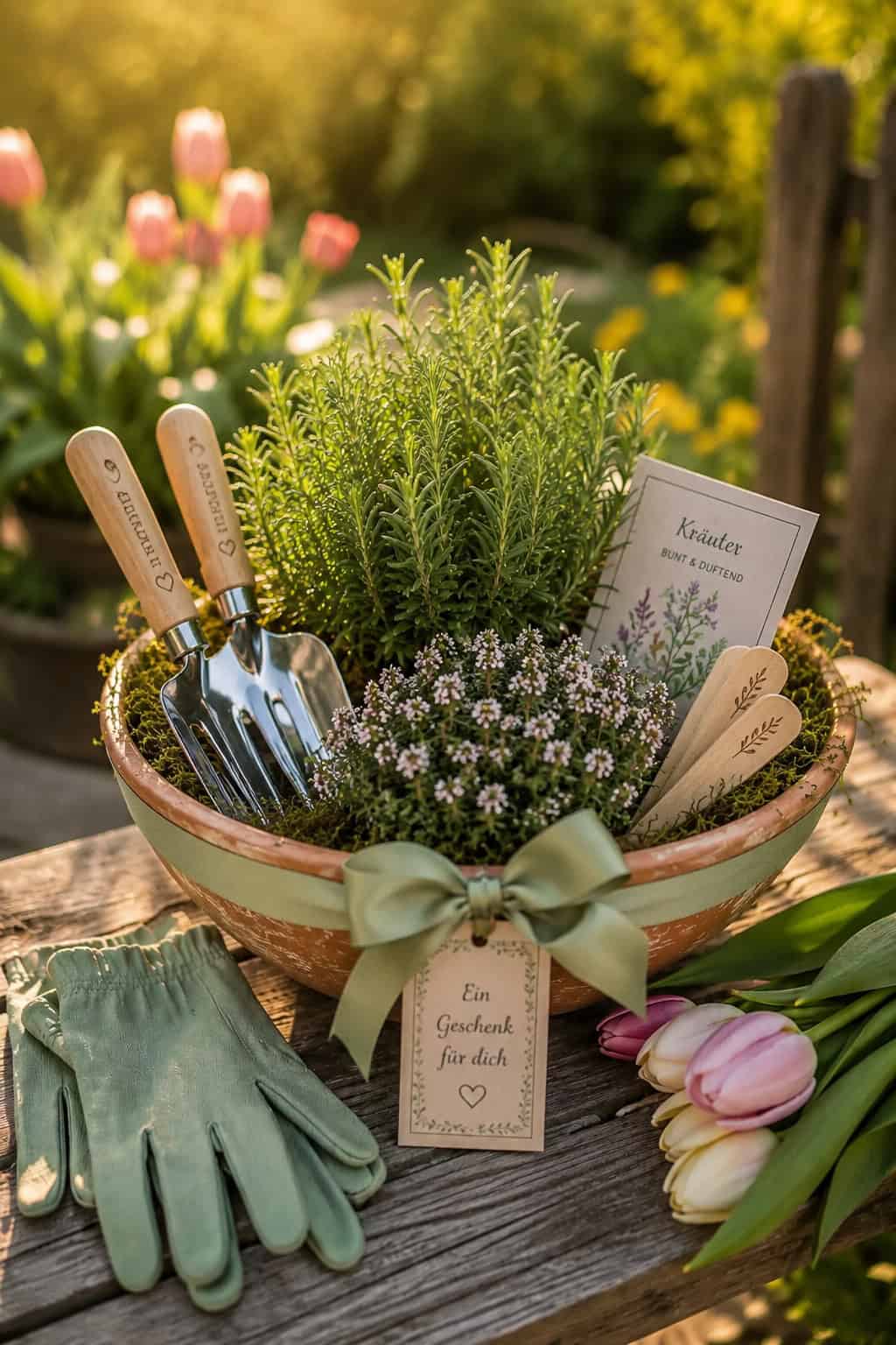 Gartengeschenk zur Rente mit Kräutern, Pflanzschildern, Gartenwerkzeug, Handschuhen und Schleife in einer dekorativen Schale.