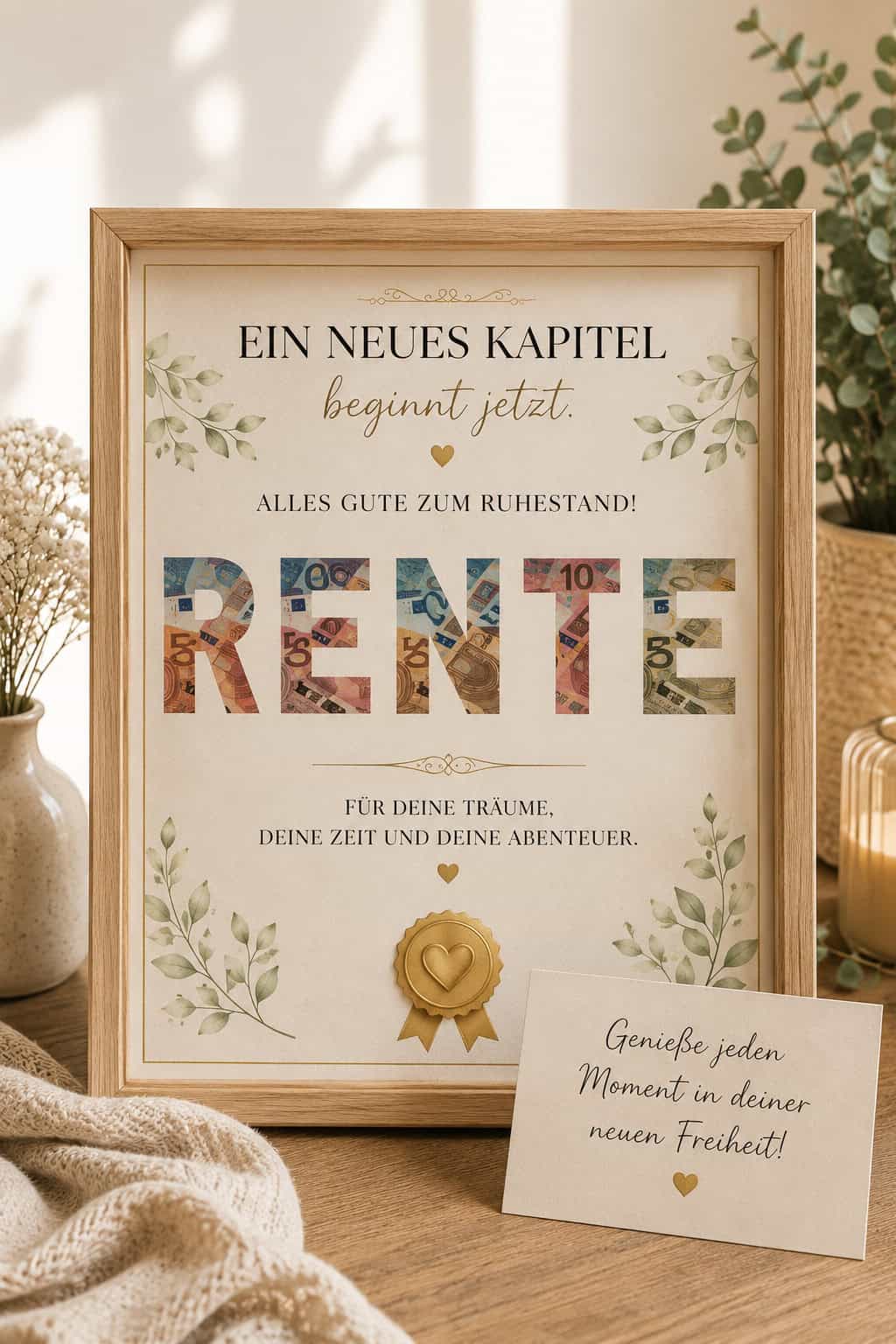 Geldgeschenk zur Rente im Bilderrahmen mit Zertifikat, Geldschein-Design, Karte und warmem Geschenk-Arrangement.