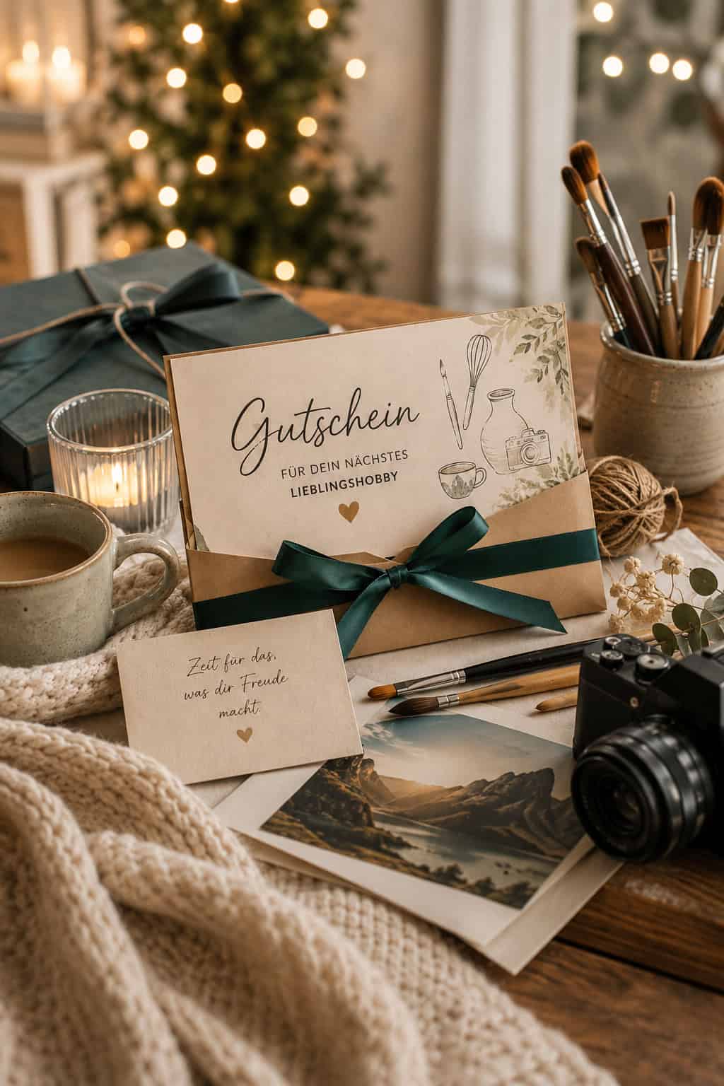 Gutschein für ein neues Hobby mit Karte, Pinsel, Kamera und warmem Geschenk-Arrangement zum Ruhestand.