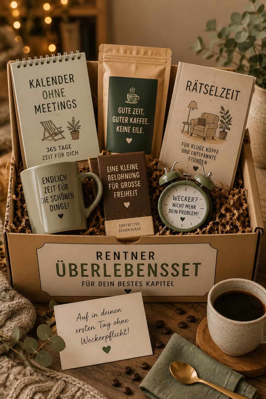 Rentnerüberlebensset mit Kalender, Kaffee, Rätselheft, Tasse, Schokolade, Wecker und Karte im warmen Geschenk-Arrangement.