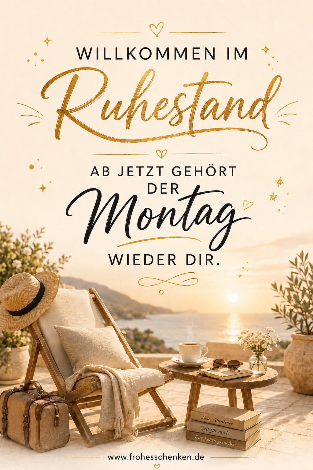 Illustration mit Liegestuhl, Koffer, Kaffee und Meerblick vor einem goldenen Ruhestand-Spruch auf hellem Hintergrund.