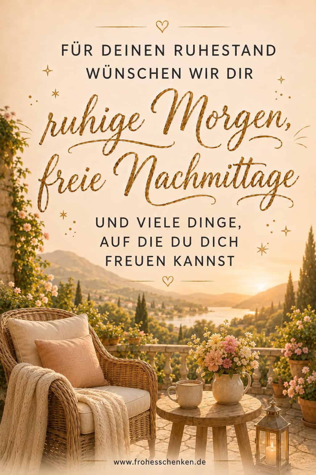 Ruhestand-Pin mit gemütlicher Terrasse, Rattansessel, kleinem Tisch mit Blumen und Tasse sowie Blick auf See und Berge bei warmem Abendlicht.