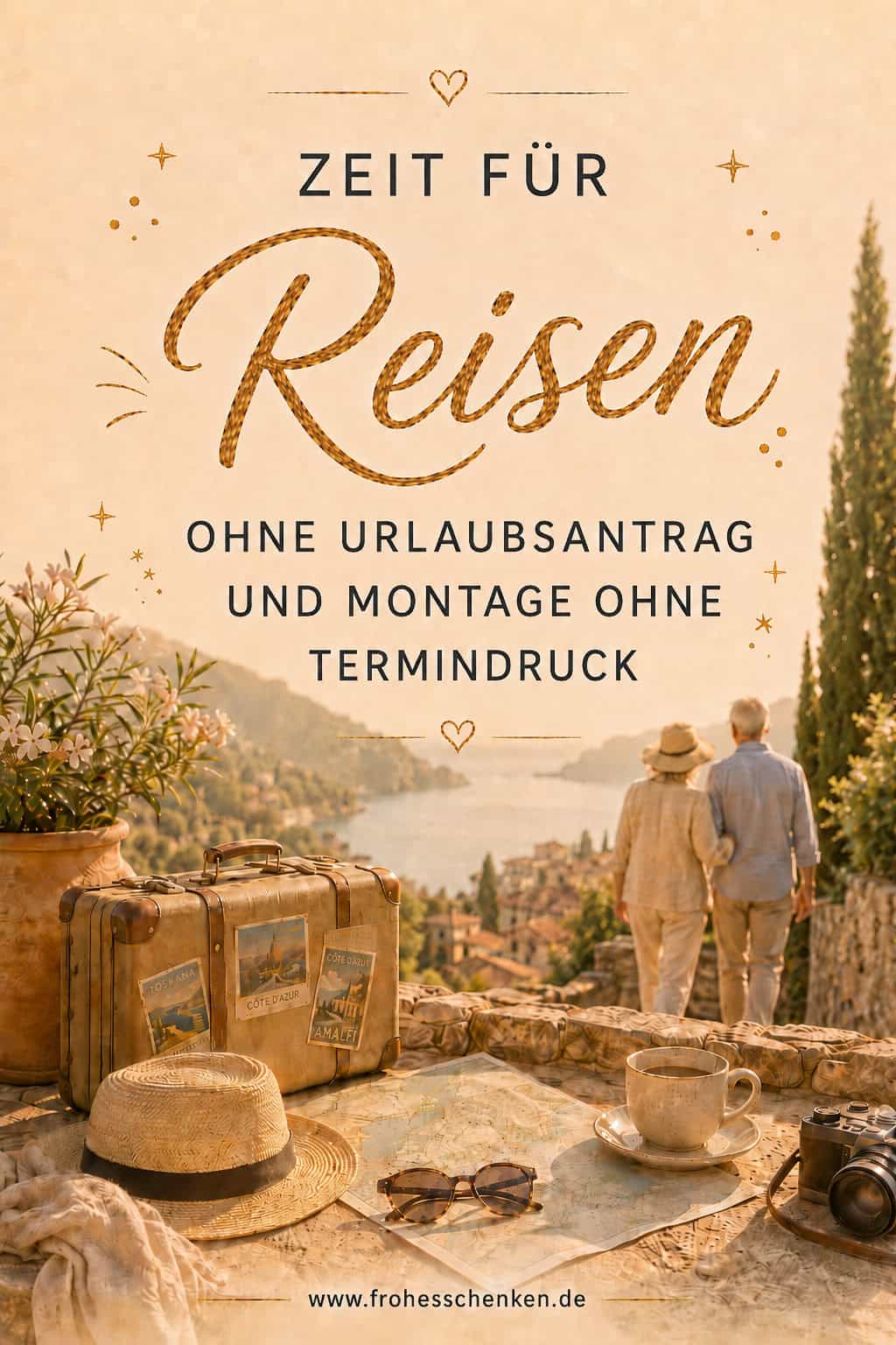 Ruhestand-Pin mit Reiseszene auf einer sonnigen Terrasse, Koffer, Strohhut, Karte, Kaffee und älterem Paar mit Blick auf eine Küstenlandschaft.