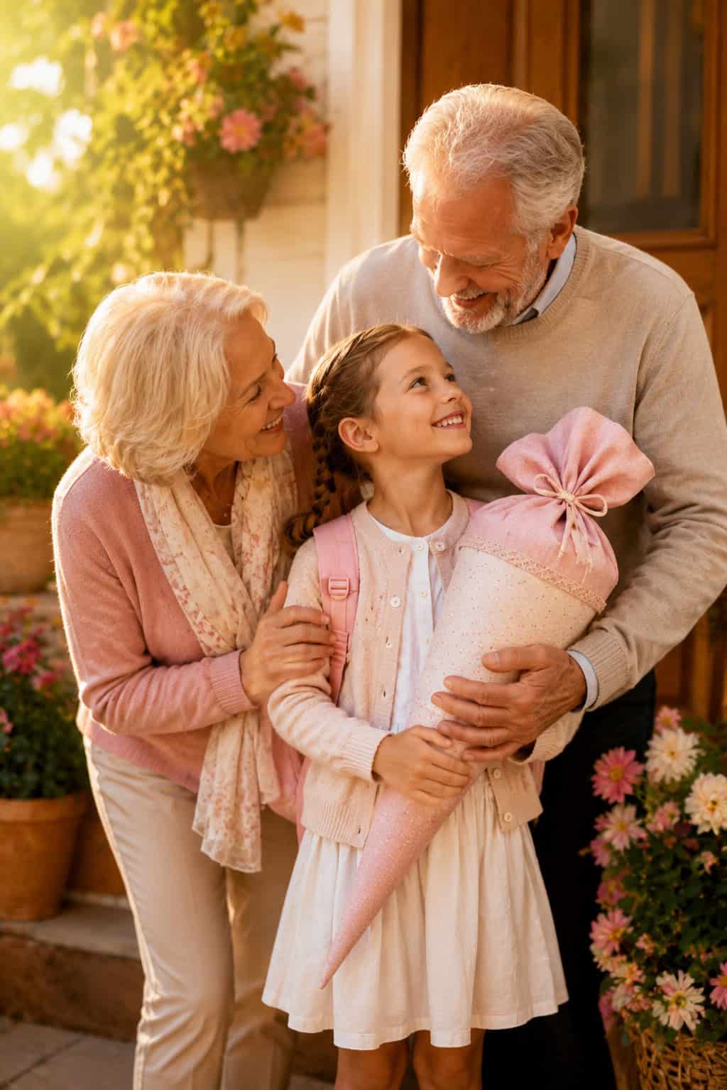 Oma und Opa stehen eng bei ihrem Enkelkind, das mit rosa Schultüte und Schulranzen lächelnd zwischen ihnen steht.