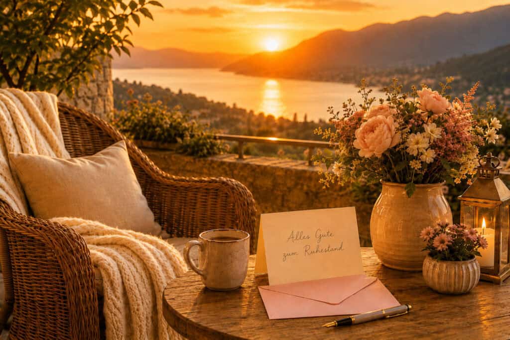 Gemütliche Terrassenszene bei Sonnenuntergang mit Ruhestandskarte, Kaffeetasse, Blumen, Kerze und Blick auf See und Berge.