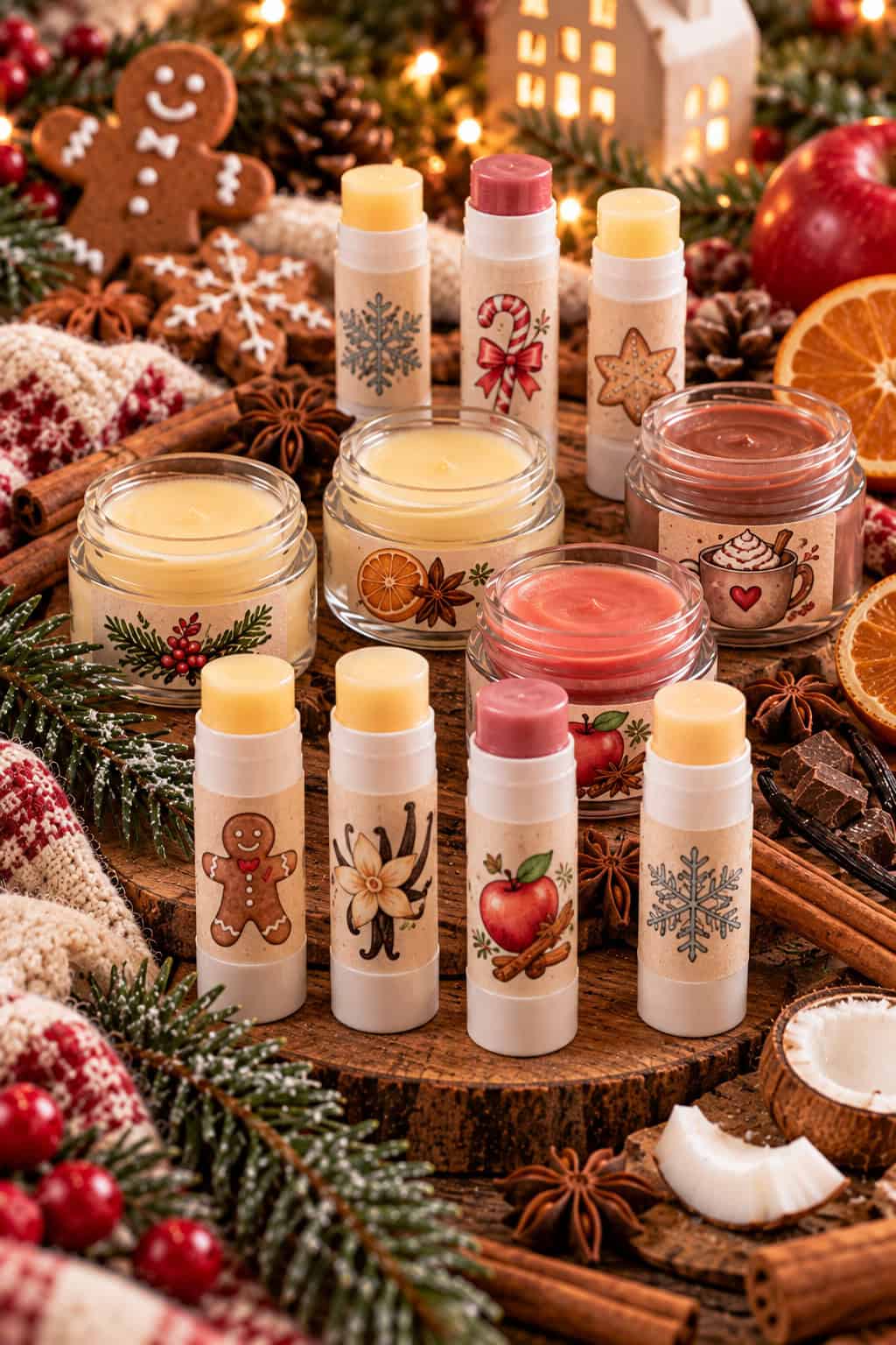 Acht weihnachtliche Lippenbalsam-Varianten in kleinen Glastiegeln und Pflegestiften mit liebevoll gestalteten Etiketten für Lebkuchen, Vanille, Bratapfel und weitere Sorten, arrangiert mit Weihnachtsgebäck, Gewürzen, Orangen und Tannenzweigen.