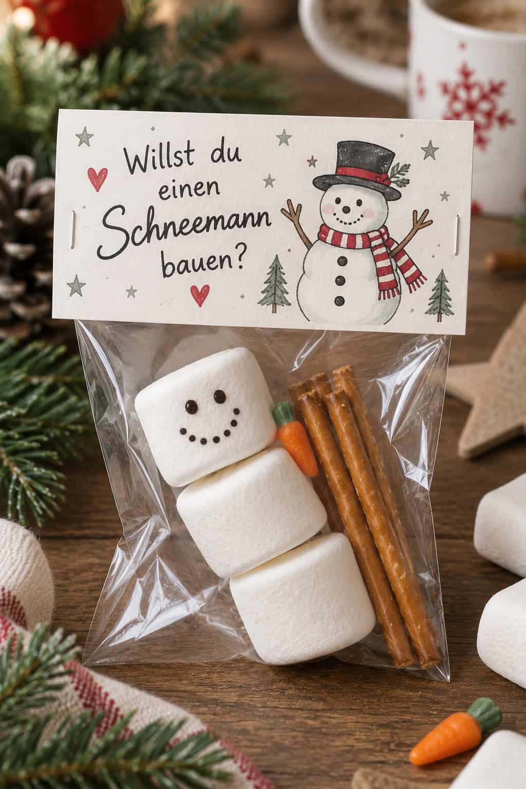 Cellophantüte mit drei Marshmallows, Salzstangen und einer kleinen Zuckerkarotte als Schneemann-Set, dazu eine Karte mit der Aufschrift „Willst du einen Schneemann bauen?“.