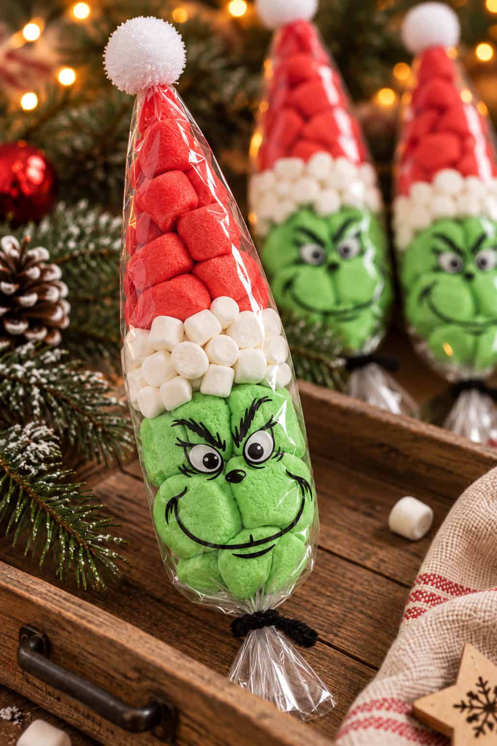 Spitztüte aus Cellophan mit roten, weißen und grünen Marshmallows, die als grummeliger Weihnachtscharakter gestaltet ist, mit roter Mütze, weißem Bommel und aufgemaltem Gesicht.
