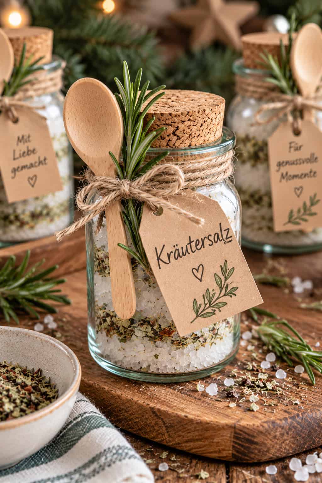 Glas mit selbstgemachtem Kräutersalz aus grobem Meersalz und getrockneten Kräutern, dekoriert mit Holzlöffel, Rosmarinzweig, Juteschnur und einem Anhänger mit der Aufschrift „Kräutersalz“.