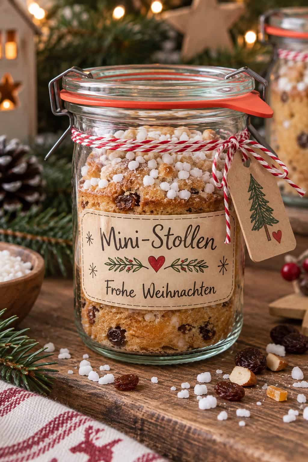 Mini-Stollen im Einmachglas mit Hagelzucker und Rosinen, weihnachtlich mit rot-weißem Garn und einem Etikett „Mini-Stollen – Frohe Weihnachten“ dekoriert.