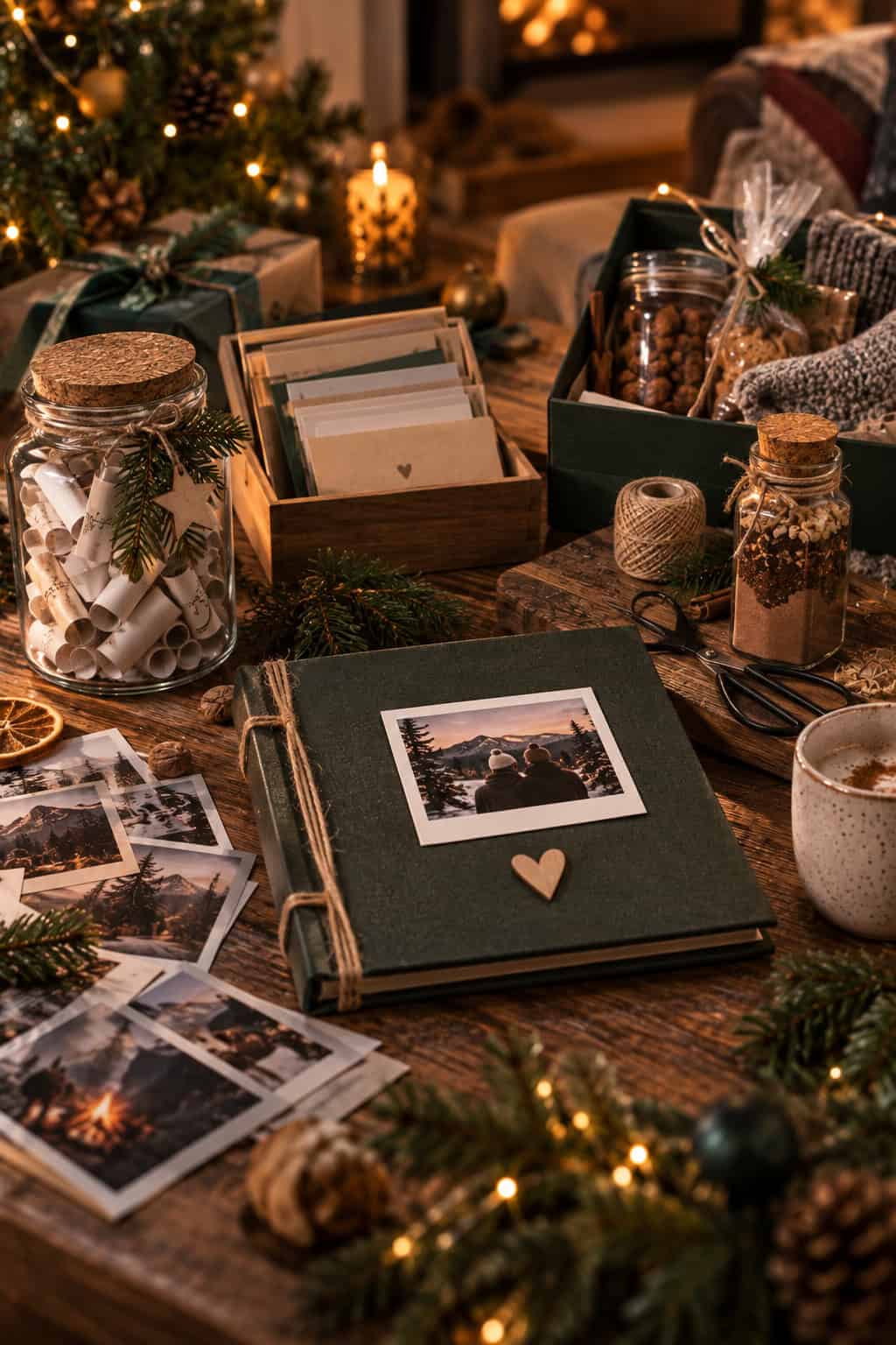 Weihnachtlicher DIY-Geschenktisch mit selbstgemachtem Erinnerungsalbum, Fotos, einem Glas voller kleiner Zettel, einer Box mit Karten und weiteren liebevoll zusammengestellten Geschenkideen für den Freund. Kerzen, Tannenzweige und warme Lichter sorgen für eine gemütliche Weihnachtsstimmung.