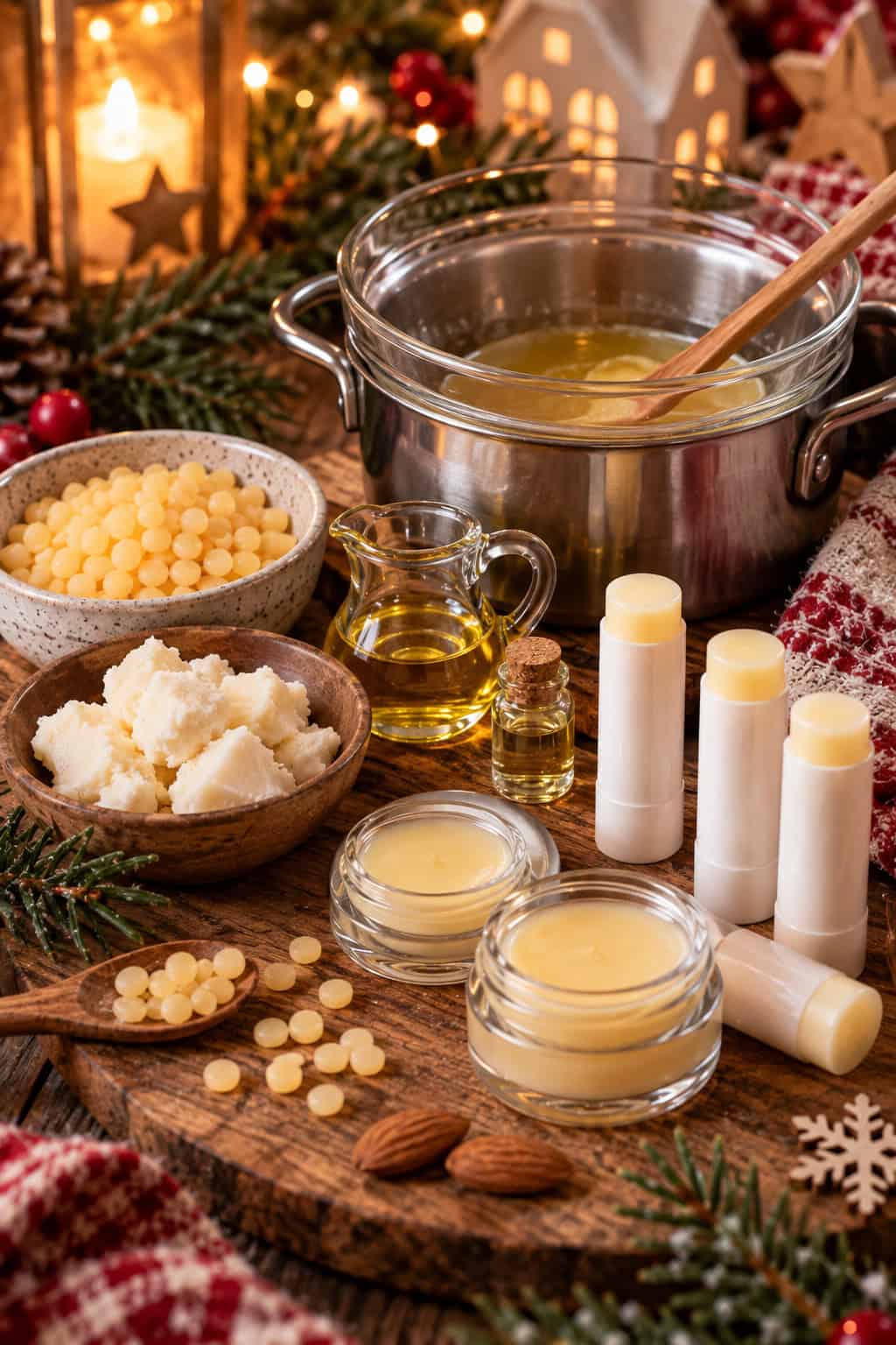 Weihnachtliche DIY-Szene zum Lippenbalsam selber machen mit Bienenwachs, Sheabutter, Pflanzenöl und einem Wasserbad. Daneben stehen fertige Lippenpflegestifte und kleine Glastiegel, umgeben von Tannenzweigen und warmen Weihnachtslichtern.