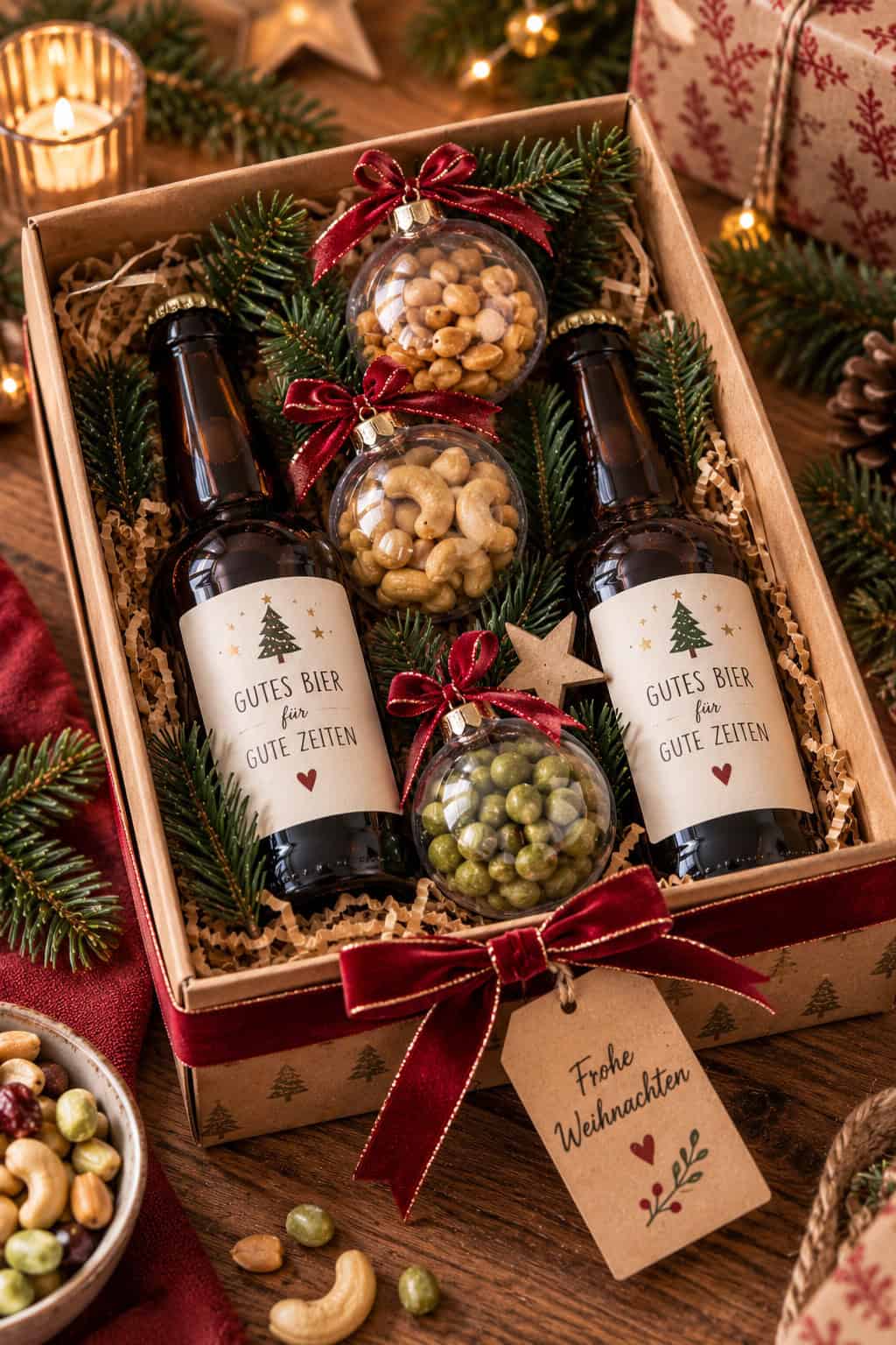 Weihnachtliche Geschenkbox mit zwei Bierflaschen, drei mit Nüssen und Snacks gefüllten Christbaumkugeln, Tannenzweigen, rotem Band und einem Anhänger mit der Aufschrift „Frohe Weihnachten“.