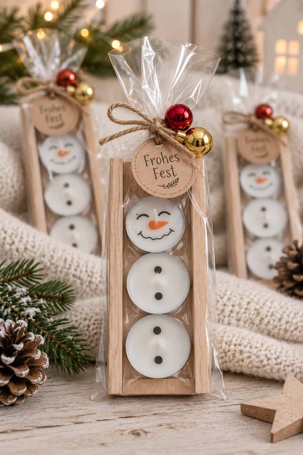 Drei weiße Teelichter in einem schmalen Holzhalter, als Schneemann gestaltet und in Cellophan verpackt, mit Juteschnur, kleinen Christbaumkugeln und einem Anhänger „Frohes Fest“.