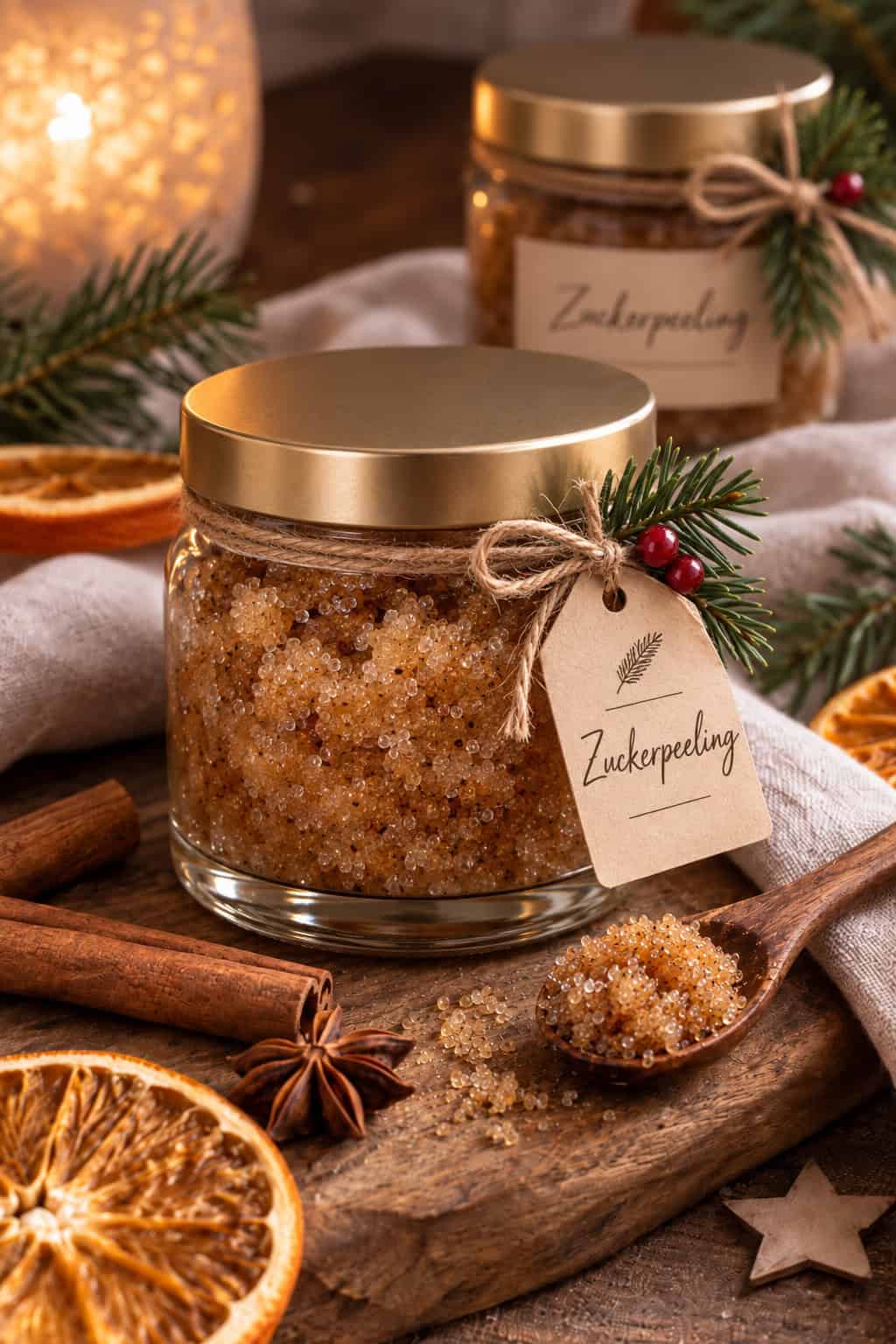 Zwei Gläser mit selbstgemachtem weihnachtlichem Zuckerpeeling aus braunem Zucker und Öl, dekoriert mit goldenen Deckeln, Juteschnur, Tannenzweigen und einem Anhänger „Zuckerpeeling“.