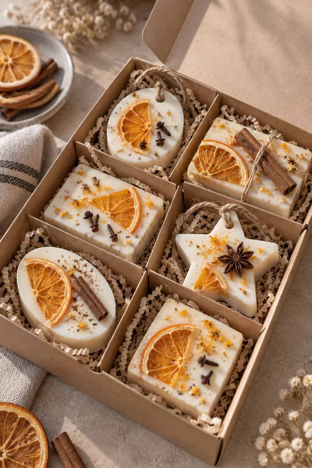 Mehrere selbstgemachte Orangenseifen in unterschiedlichen Formen, dekoriert mit getrockneten Orangenscheiben, Zimtstangen, Nelken und Sternanis und einzeln in einer Geschenkbox arrangiert.