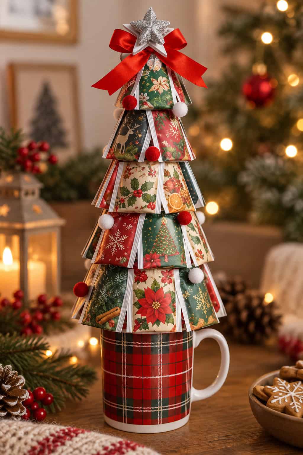 Weihnachtsbaum aus dicht übereinander angeordneten Teebeuteln in einer rot karierten Tasse, dekoriert mit roten und weißen Pompons, roter Schleife und silbernem Stern.