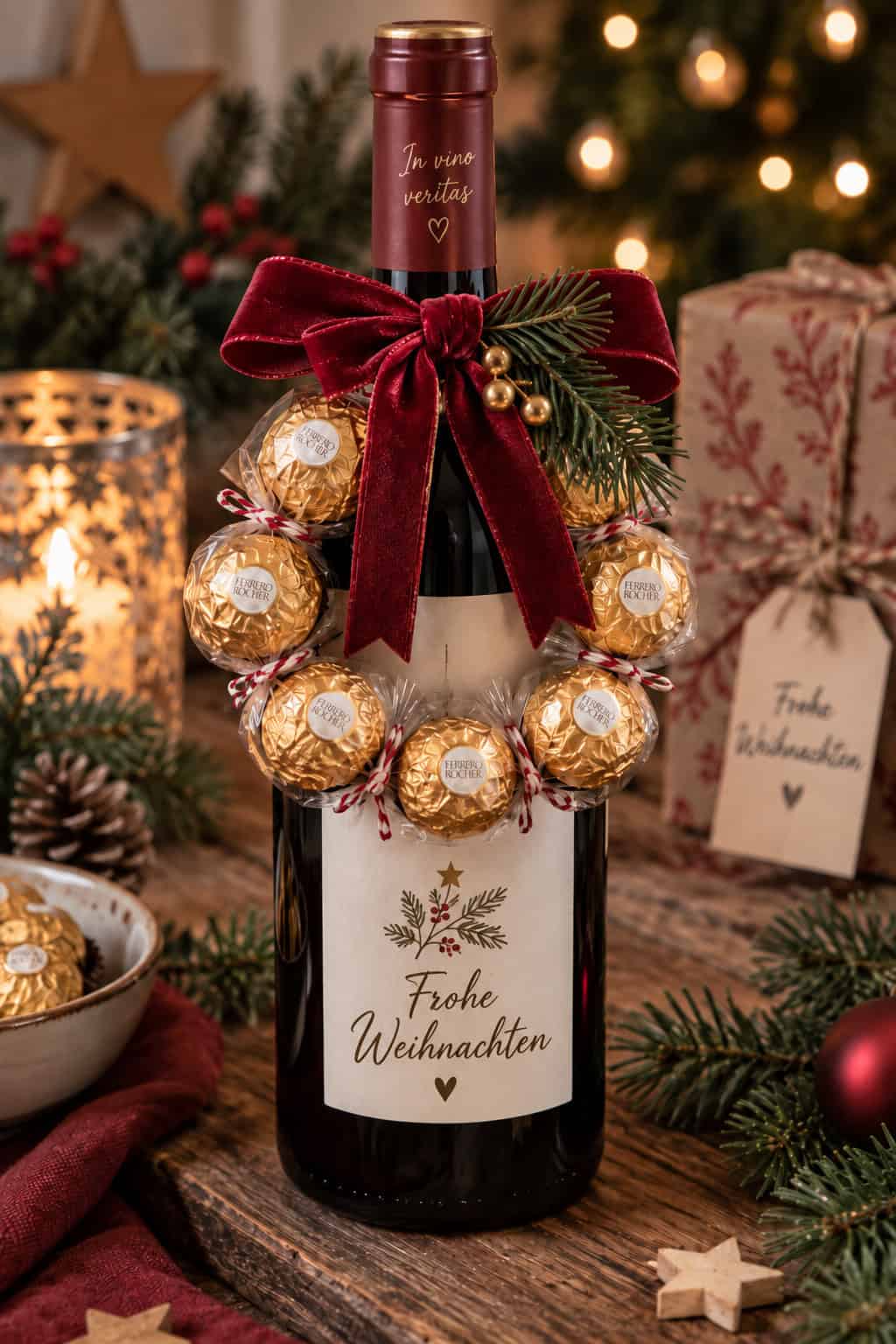 Weinflasche mit einem kleinen Kranz aus sechs Ferrero Rocher, rot-weißer Kordel, bordeauxfarbener Schleife und Tannenzweig, dazu ein Etikett mit der Aufschrift „Frohe Weihnachten“.