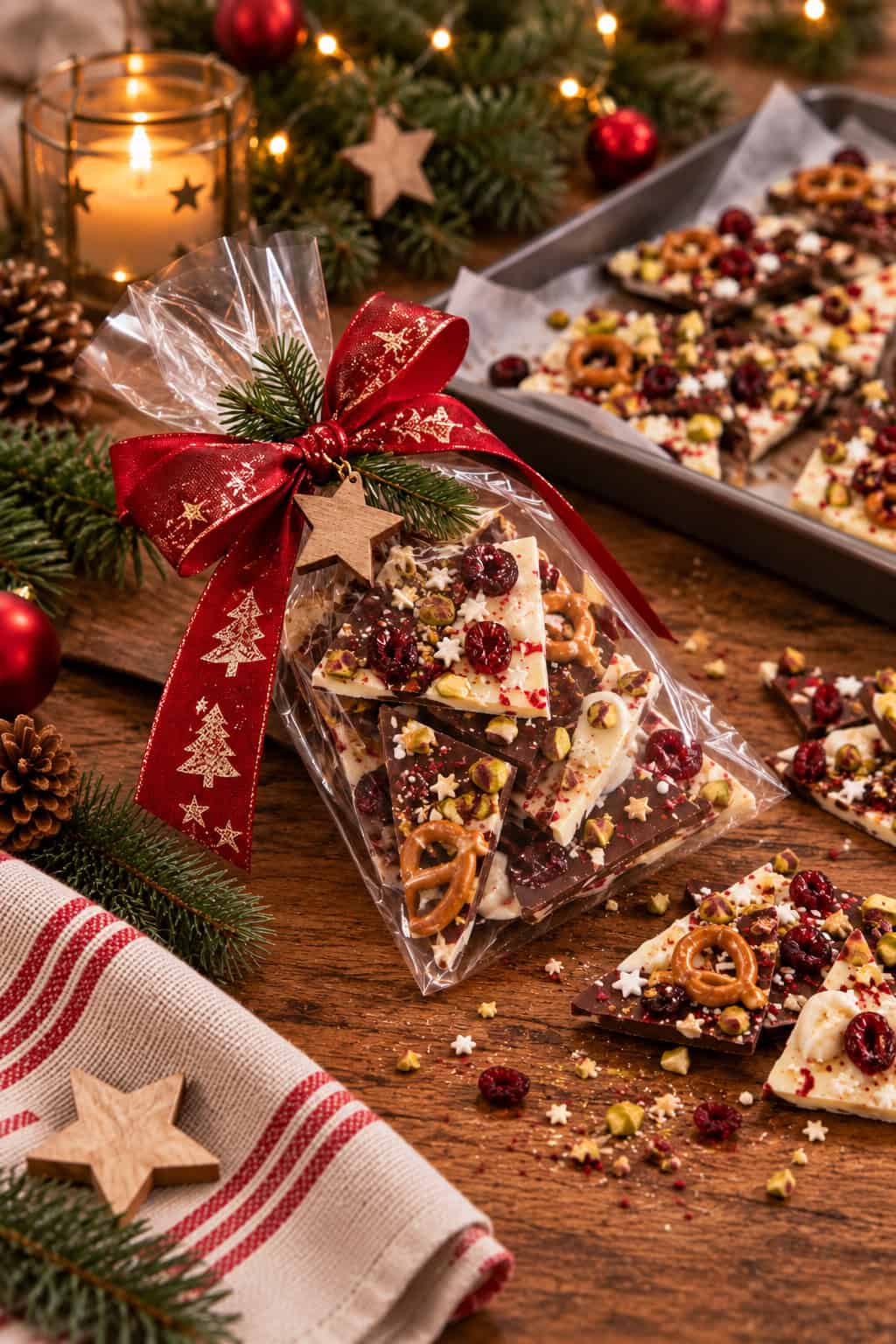 Weihnachtliche Bruchschokolade aus dunkler und weißer Schokolade mit Brezeln, Pistazien, Cranberrys und Streudekor, in einer Cellophantüte mit roter Schleife verpackt.