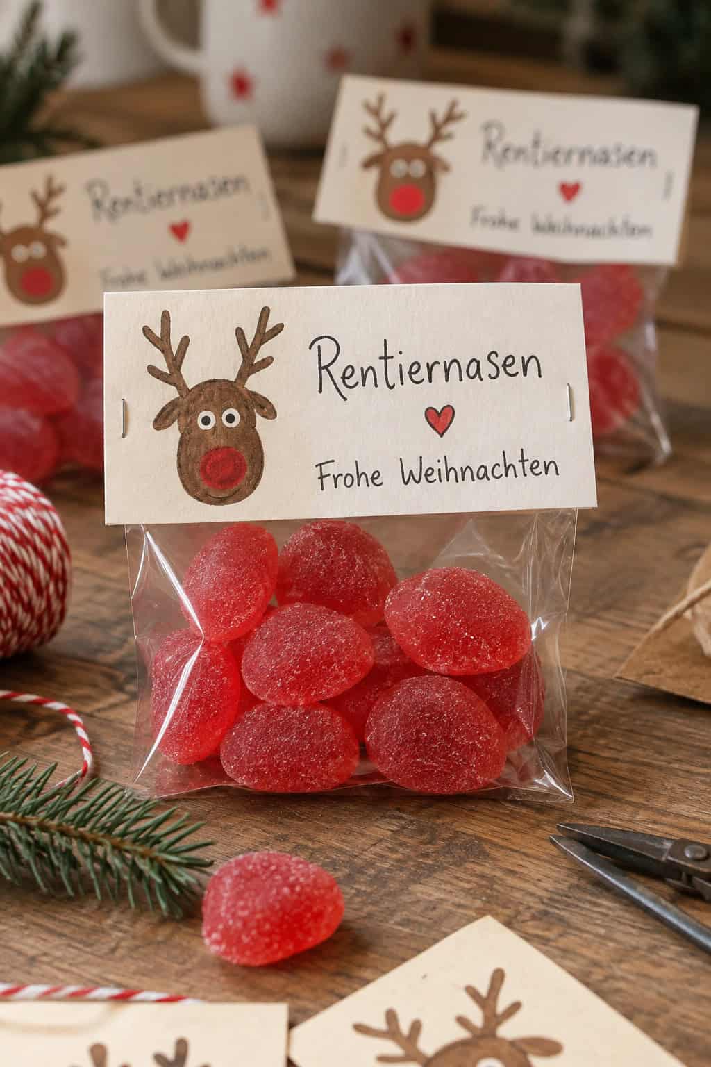 Mit roten Fruchtgummis gefüllte Cellophantüte mit einer selbst gestalteten Karte „Rentiernasen – Frohe Weihnachten“ und gemaltem Rentierkopf mit roter Nase.