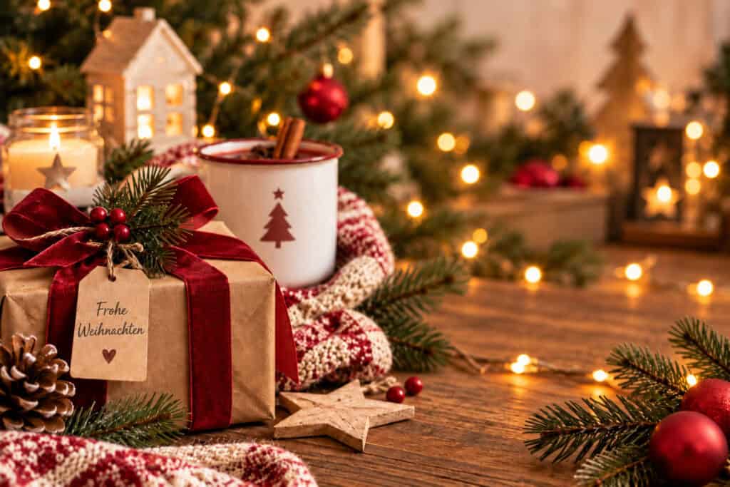 Weihnachtlich verpacktes Geschenk mit roter Schleife und Anhänger „Frohe Weihnachten“ neben einer Tasse, Tannenzweigen, Kerze, Holzsternen und warmen Lichterketten.