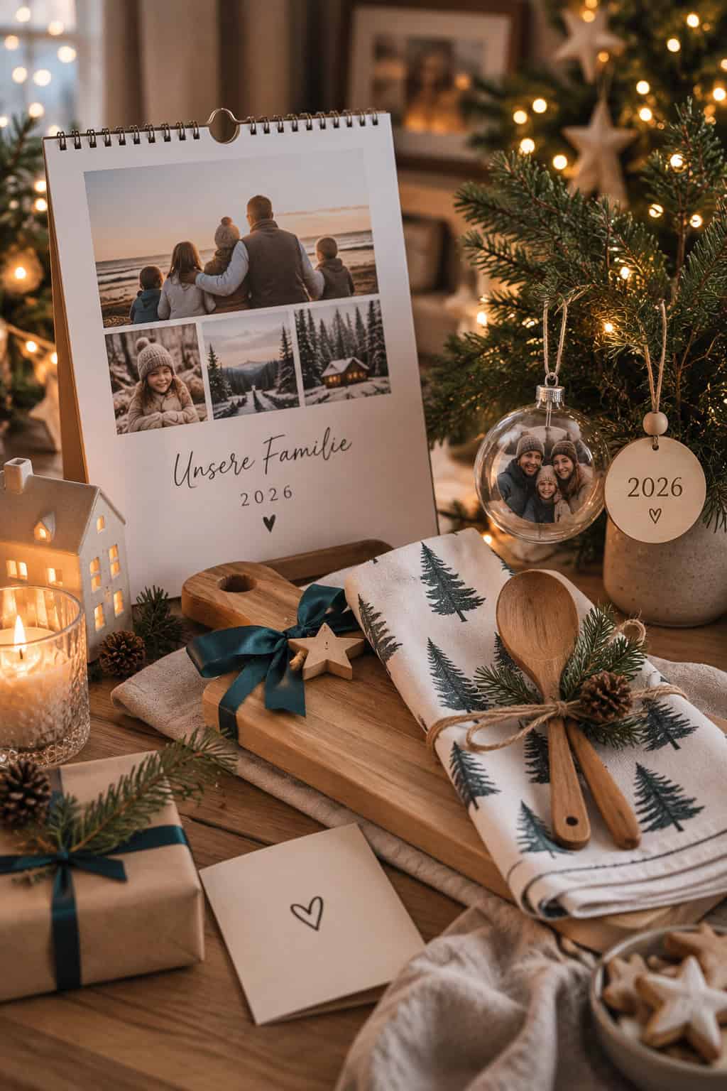 Weihnachtliche Geschenkideen für die Familie mit personalisiertem Fotokalender, graviertem Christbaumschmuck, Holzbrett, Geschirrtuch und kleinen Küchenutensilien in gemütlicher Weihnachtsstimmung.