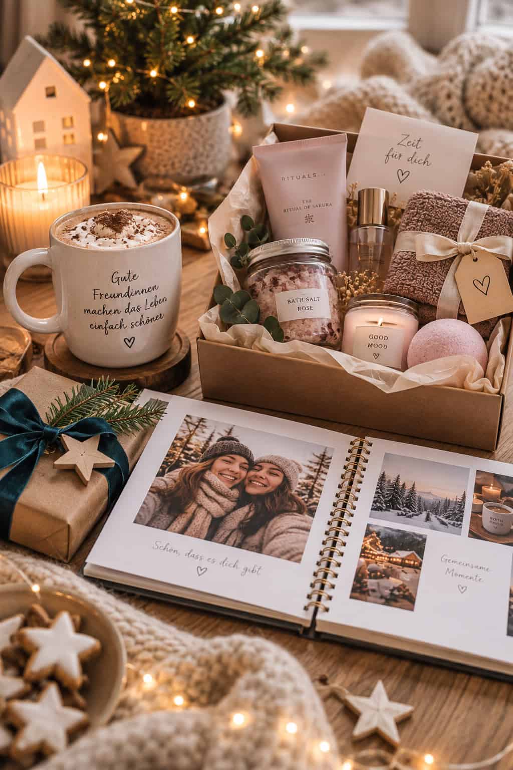 Weihnachtliche Geschenkideen für Freundinnen und Freunde mit personalisierter Tasse, Beauty-Care-Paket und Fotobuch mit gemeinsamen Erinnerungen in gemütlicher Weihnachtsstimmung.