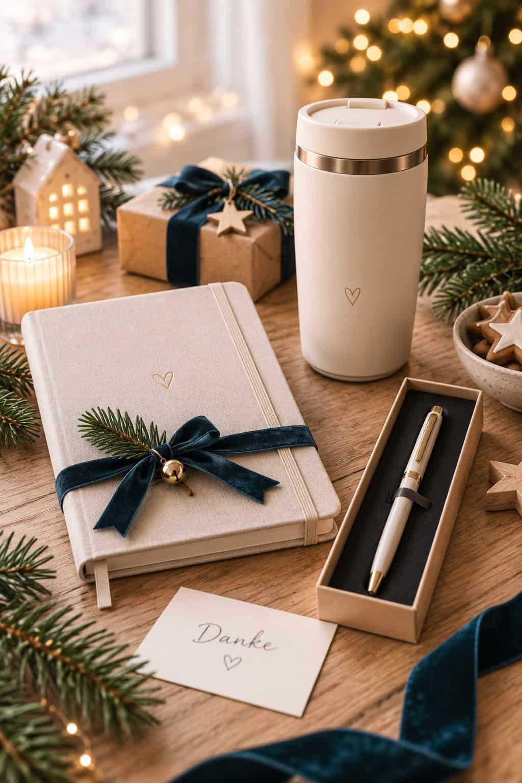 Weihnachtliche Geschenkideen für Erzieherinnen und Lehrerinnen mit Notizbuch, Thermobecher und hochwertigem Kugelschreiber, ergänzt durch eine kleine Dankeskarte in gemütlicher Weihnachtsstimmung.