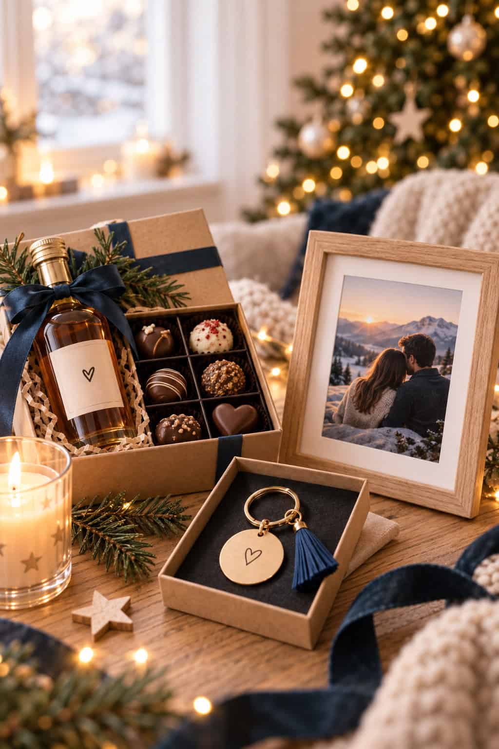 Weihnachtliche Geschenkideen für den Partner mit Pralinen, kleiner Flasche, graviertem Schlüsselanhänger und gerahmtem Paarfoto vor einem beleuchteten Weihnachtsbaum.