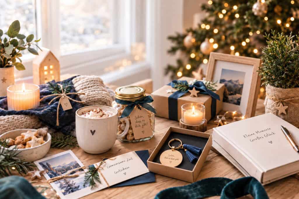 Weihnachtliche Geschenkideen auf einem Holztisch mit Tasse, Plätzchen, gerahmtem Foto, Schlüsselanhänger, kleinen Karten, Kerzen und liebevoll verpackten Aufmerksamkeiten.