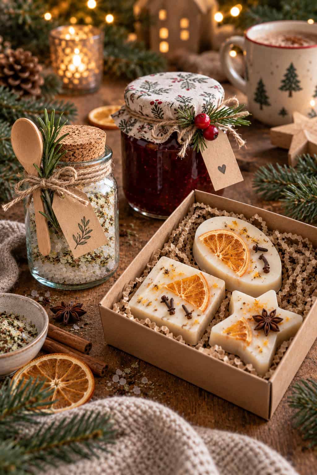 Weihnachtlich arrangierte DIY-Aufmerksamkeiten mit selbstgemachtem Kräutersalz, Marmelade und Orangenseife, dekoriert mit Tannenzweigen, getrockneten Orangen, Zimt und warmem Kerzenlicht.
