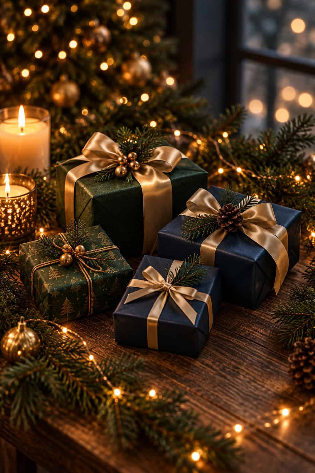 Vier kleine, festlich verpackte Weihnachtsgeschenke in Dunkelgrün und Blau liegen auf einem Holztisch, umgeben von Tannenzweigen, Kerzen und warmen Lichterketten. Im Hintergrund sorgt ein geschmückter Weihnachtsbaum für eine gemütliche, weihnachtliche Stimmung.