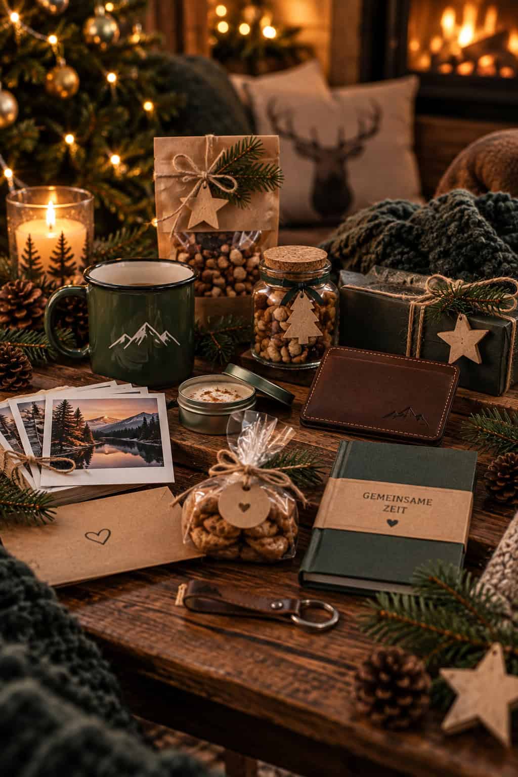 Kleine Weihnachtsgeschenke für den Freund in einem gemütlichen Setting: Auf einem Holztisch liegen unter anderem ein Lederkartenetui, ein Schlüsselanhänger, kleine Snacks, ein Buch für gemeinsame Zeit, ein Foto, eine Tasse und liebevoll verpackte Kleinigkeiten, umgeben von Tannenzweigen, Kerzenlicht und warmen Weihnachtslichtern.