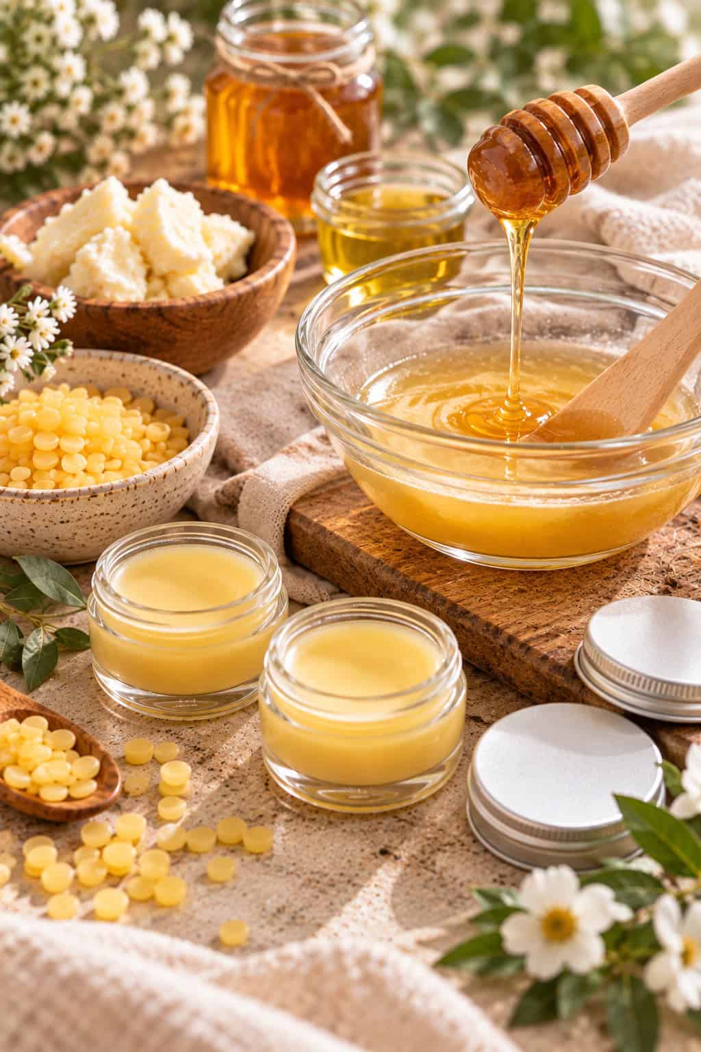 Honig wird in eine Lippenbalsam-Mischung aus Bienenwachs, Sheabutter und Pflanzenöl eingerührt, daneben stehen kleine Döschen mit fertigem Honig-Lippenbalsam.