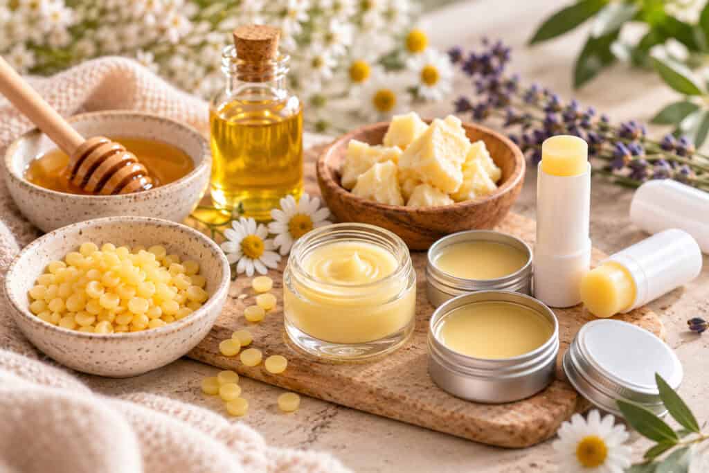 Selbstgemachter Lippenbalsam in kleinen Döschen und Pflegestiften mit Bienenwachs, Pflanzenbutter, Öl und Honig.