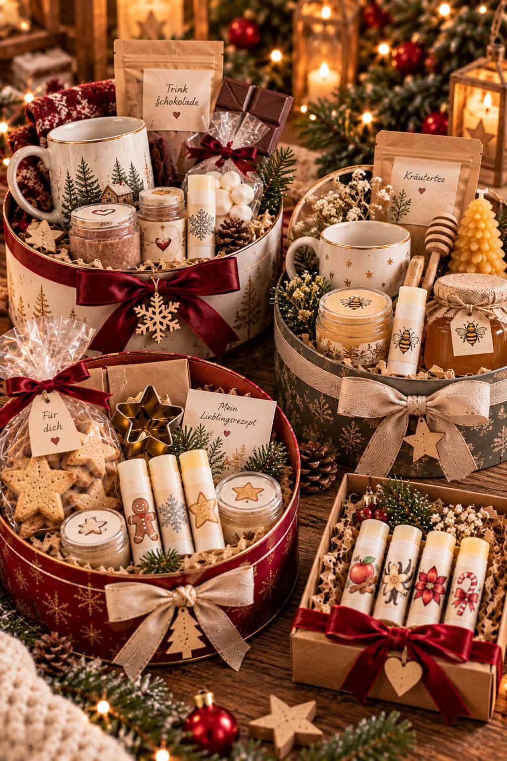 Vier liebevoll zusammengestellte Weihnachtsgeschenkkörbe mit selbstgemachtem Lippenbalsam: ein Kakao-Set mit Tasse und Schokolade, ein Honig-Set mit Bienenwachskerze und Kräutertee, ein Plätzchen-Set mit verpackten Keksen sowie eine kleine Geschenkbox mit vier weihnachtlichen Lippenpflegestiften.
